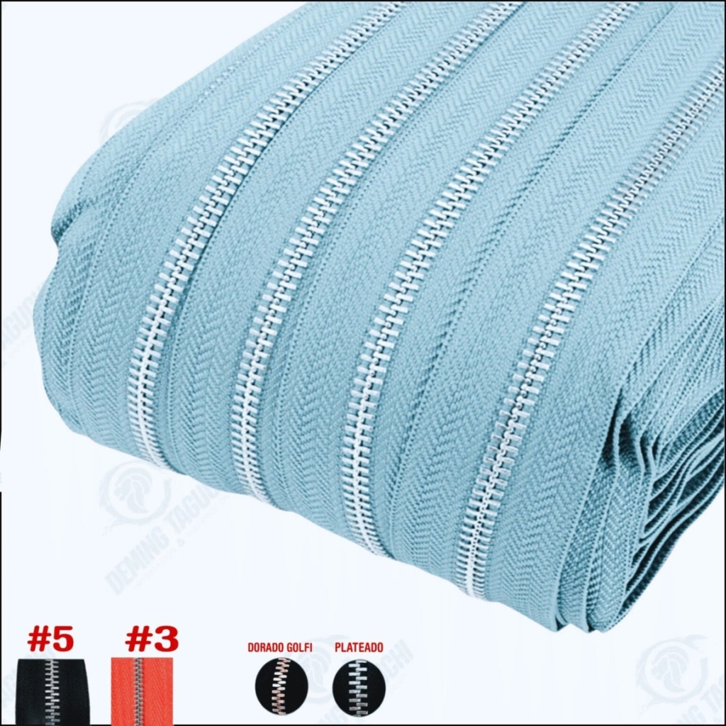 Cierre / cremallera metal importado CELESTE #3, #5, codigo 11187 – dientes dorados y plateados | ideal para carteras y botas de cuero