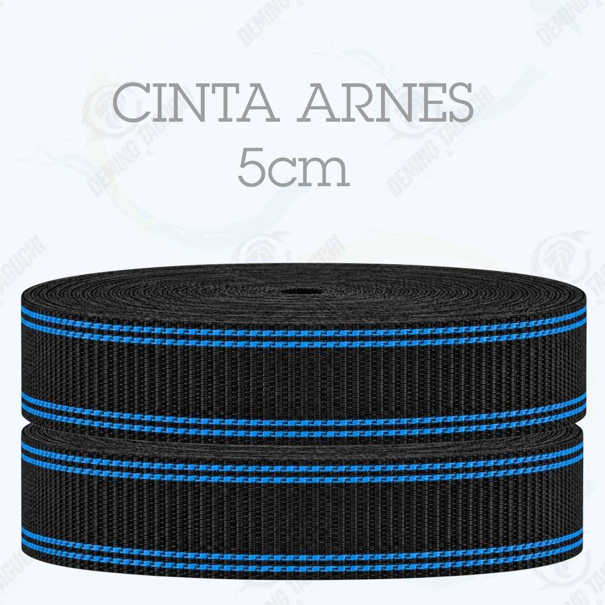 Cinta Arnés NEGRO con celeste 5 cm | Correa Ancha Reforzada y Resistente para Arneses, Pecheras, Correas para Mascotas, Amarre y Sujeción de Cargas, Transporte y Confección